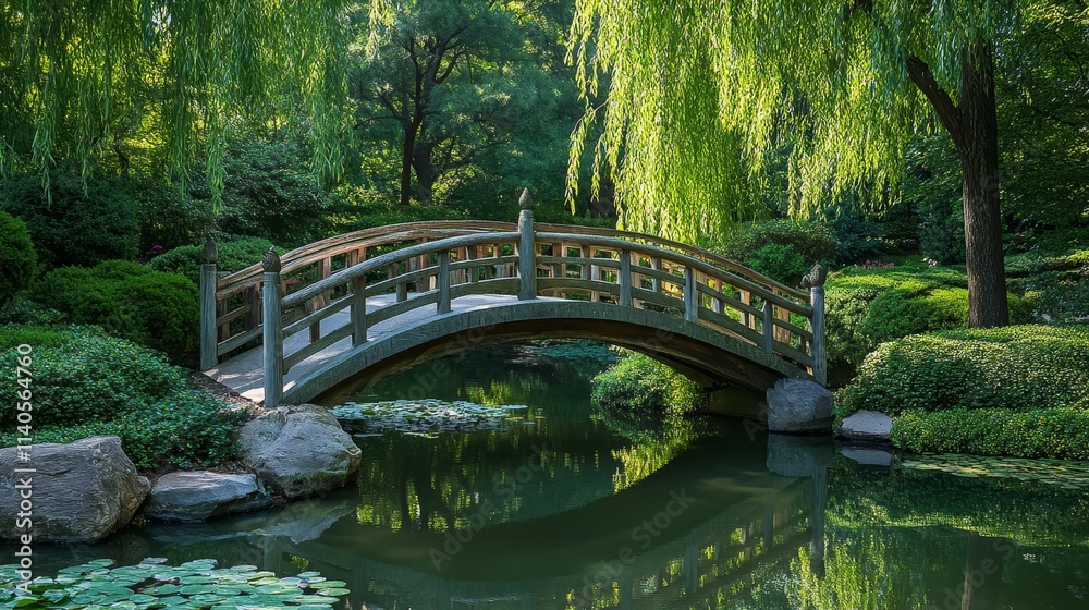 A serene wooden bridge over a tranquil pond surrounded by lush greenery and willow trees. A serene wooden bridge over a tranquil pond surrounded by lush greenery and willow trees.