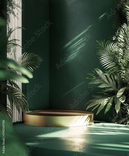 Empty Podium in a Green Room with Tropical Plants. Concept of Presentation, Display, and Nature.