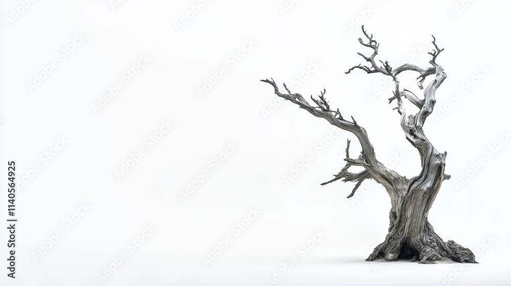 Obraz premium Gnarled dead tree standing against bright white background