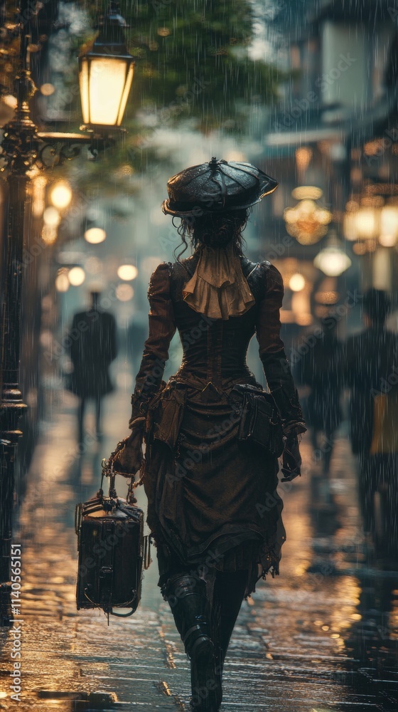 Steampunk woman walking in rainy victorian city street Steampunk woman walking in rainy victorian city street