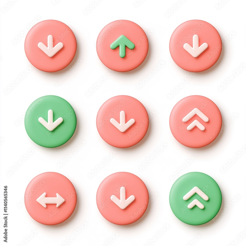 Set of eight buttons with arrows on them, some green and some pink Set of eight buttons with arrows on them, some green and some pink
