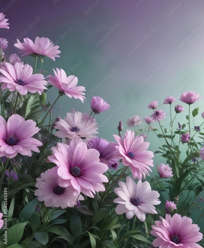 Fototapeta premium Soft blooming flowers in a gradient of green and purple hues against an abstract background with soft pink undertones, foliage, abstract