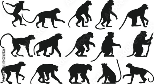 Monkey silhouette vector art set in different styles, using black color illustration design