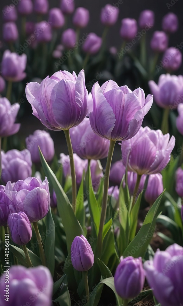 Soft light falls on lilac colored double tulips, spring flowers, blooming tulips Soft light falls on lilac colored double tulips, spring flowers, blooming tulips