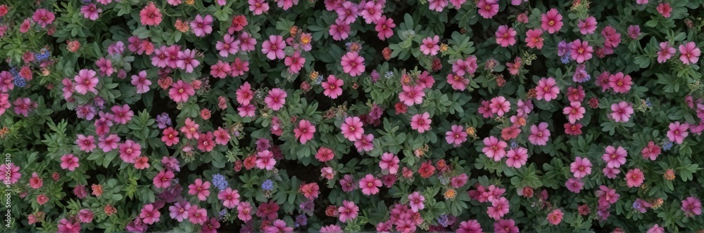 Overhead view of Ageratum blue and Portulaca in a garden, bird's eye view, background