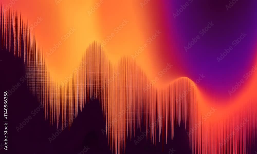Ondulation graphique abstraite orange et violette évoquant une onde sonore musicale, visuel numérique vibrant avec espace négatif copyspace pour musique, design audio ou interface technologique