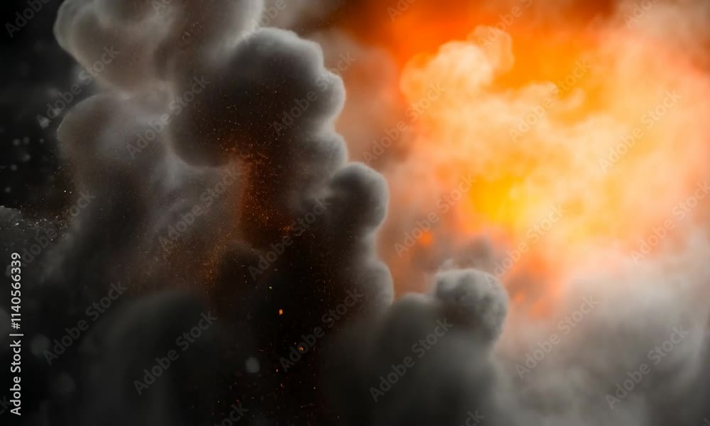 Volutes de fumée noires, grises et orangées avec lumière incandescente, effet dramatique et atmosphérique avec espace négatif copyspace pour fond intense, explosion ou ambiance visuelle forte