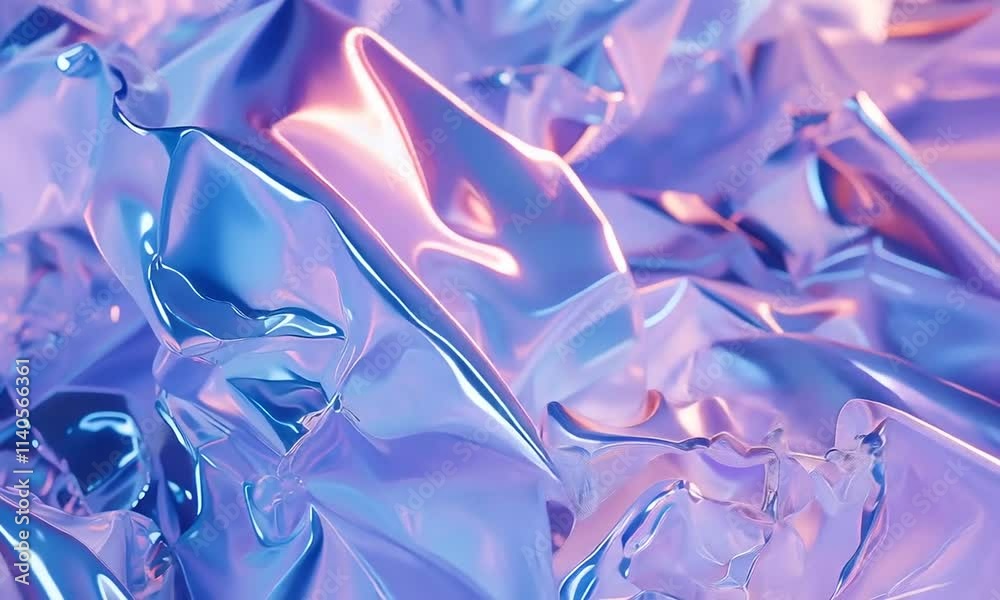 Surface fluide irisée rappelant du papier foil en mouvement aux reflets roses, violets et bleus, visuel abstrait moderne avec espace négatif copyspace pour design luxe, digital ou cosmétique