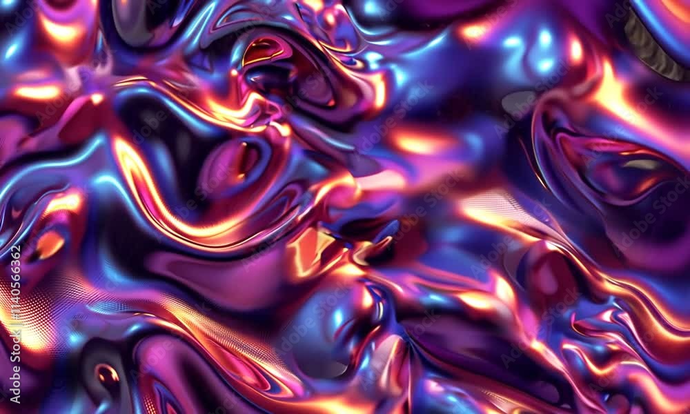 Surface fluide brillante aux reflets métalliques violets, bleus et orangés, matière fluide et abstraite espace négatif copyspace visuel tech, design expérimental univers numérique coloré