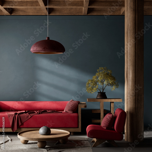 Japanese style interior design with wooden furnitures and raw materials. Japandi style interior. 3D illustration photo