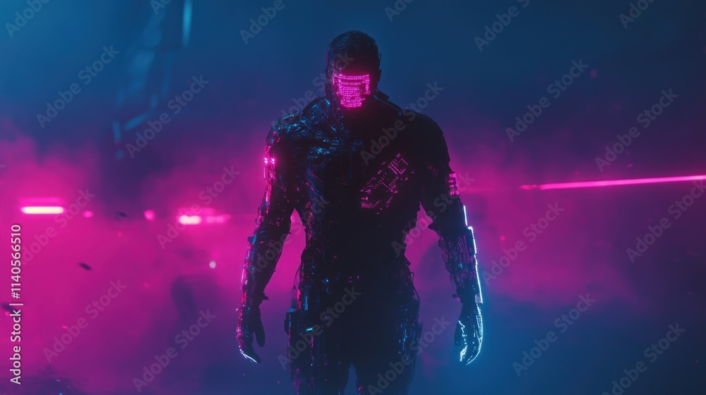 Futuristic soldier in neon-lit cyberpunk landscape. Futuristic soldier in neon-lit cyberpunk landscape.
