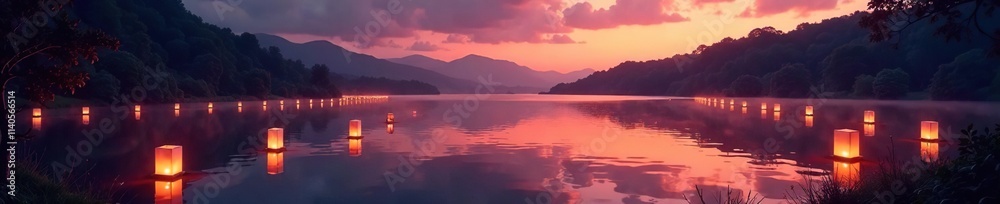 Fototapeta premium Softly glowing lanterns surround a serene lake at dusk, water, sunset