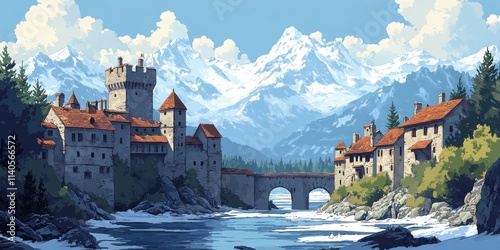 A serene illustration of a castle by a river, surrounded by majestic mountains and lush greenery. photo