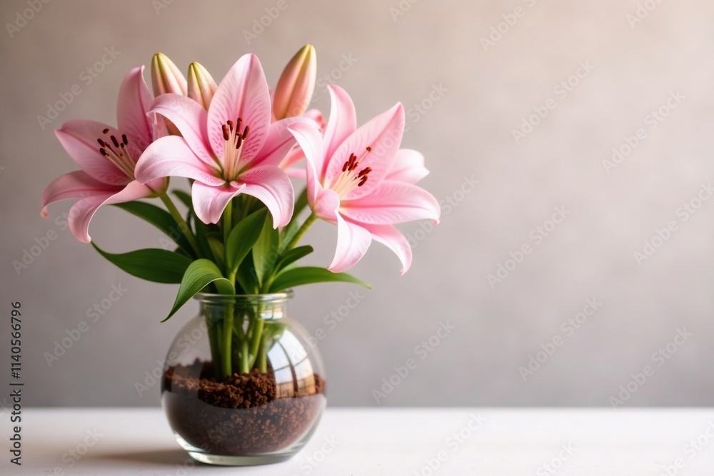 Pastel pink lily flowers in a vase with brown soil and foliage, flowers, pastel colors Pastel pink lily flowers in a vase with brown soil and foliage, flowers, pastel colors