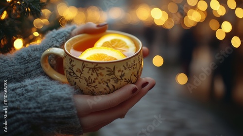 Warm drink with citrus slices held in cozy hands during festive evening celeb...