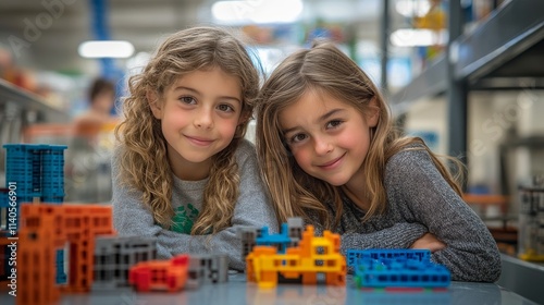 Young children engage in creative play with colorful building toys indoors du...