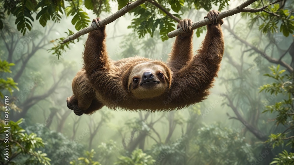 Fototapeta premium Brown-throated three-toed sloth suspended upside down from a thin branch in the canopy, suspension, foliage, wildlife