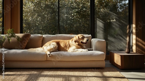 Cozy golden retriever relaxing on a stylish sofa in a sunlit modern living room