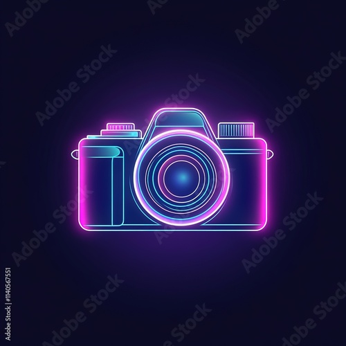 Neon camera is lit up in a dark background