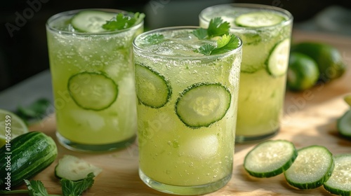 Refreshing cucumber lime drinks with mint on a rustic wooden table