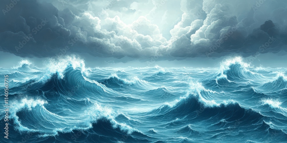 Fototapeta premium A dramatic seascape featuring towering waves and stormy clouds, conveying nature's raw power and beauty.