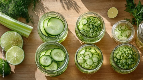 Refreshing cucumber lime drinks with mint on a rustic wooden table