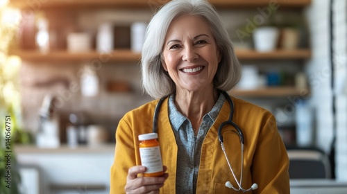 Smiling woman with gray hair holding medication bottle in healthcare setting