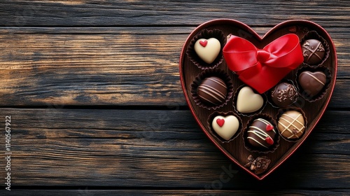 Heart shaped box of assorted chocolates with red ribbon on wooden surface