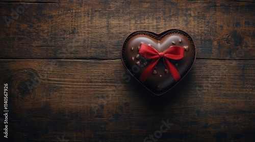 Heart shaped box of assorted chocolates with red ribbon on wooden surface