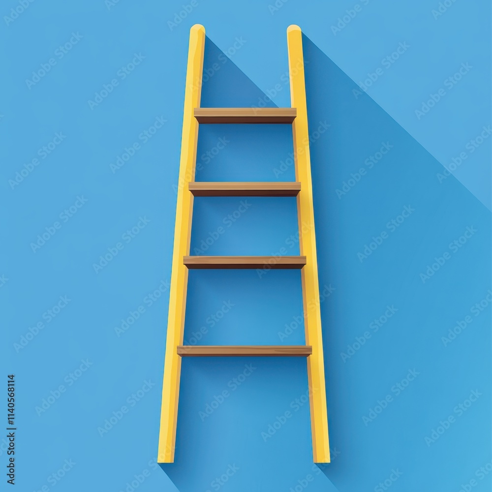 A bright yellow ladder on a blue background, showcasing a modern design with wooden rungs and distinct shadows. A bright yellow ladder on a blue background, showcasing a modern design with wooden rungs and distinct shadows.