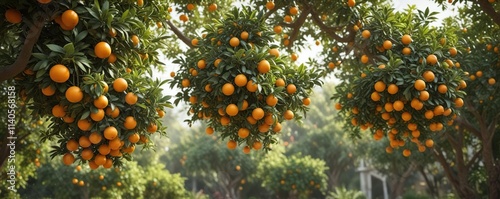 Colorful oranges hanging from branches of an orange tree in a lush garden , tree, nature