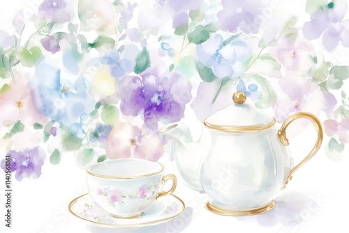 Design illustration Set of tea cup, coffee pot and flowers. Watercolor paints