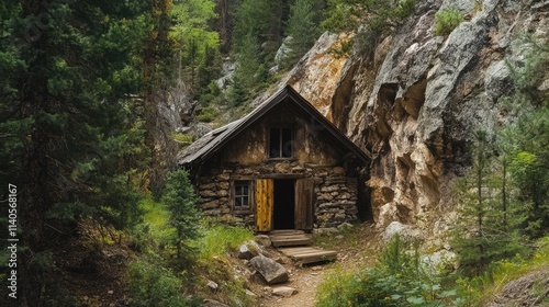 Stone Cabin Nestled In A Mountain Forest