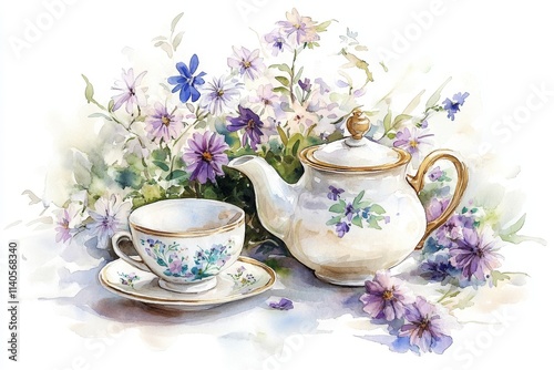 Design illustration Set of tea cup, coffee pot and flowers. Watercolor paints