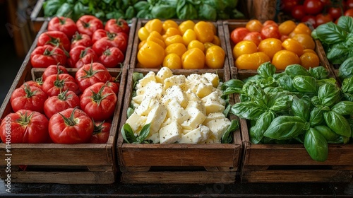 Fresh vegetables and herbs displayed at a local market during a sunny day