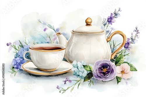 Design illustration Set of tea cup, coffee pot and flowers. Watercolor paints