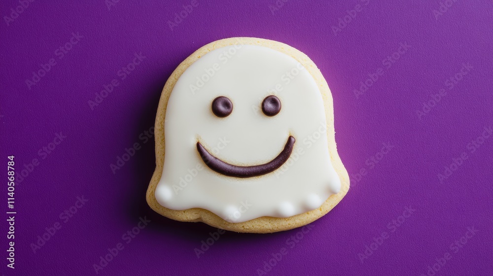 Fototapeta premium Smiling ghost cookie lying on purple background for halloween party