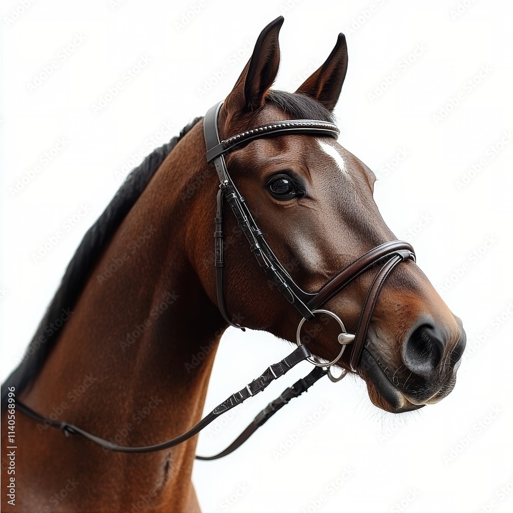 Fototapeta premium Majestic horse with detailed bridle captured against a plain background