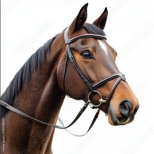 Majestic horse with detailed bridle captured against a plain background