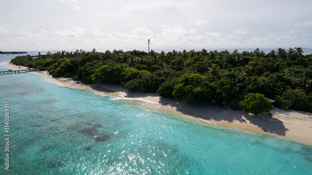 Turquoise clear water and the green island of Maldives. Top view of the ocean and the reef. Palm trees grow on the island. There are bungalows and villas. White sand on the beach. Fish are visible