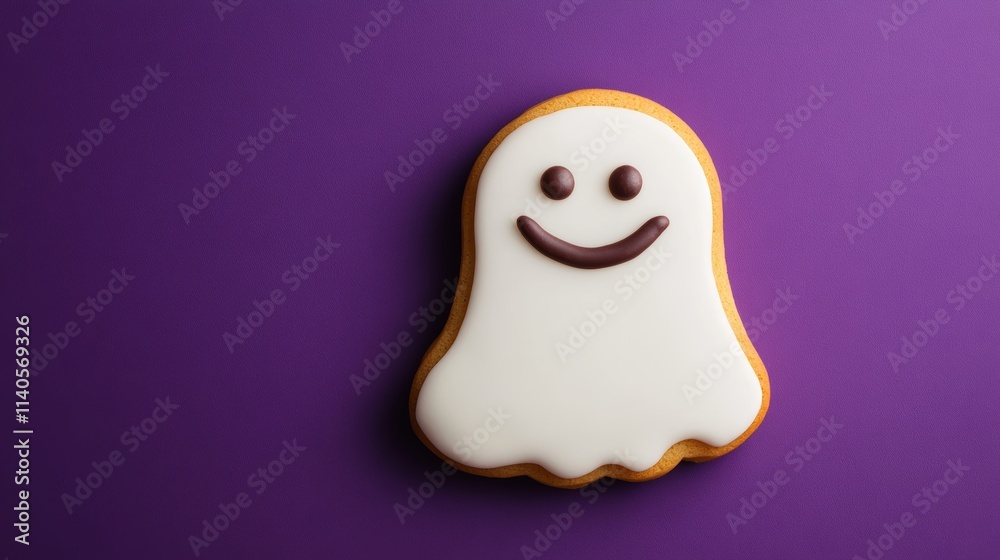 Smiling ghost shaped halloween cookie on purple background Smiling ghost shaped halloween cookie on purple background