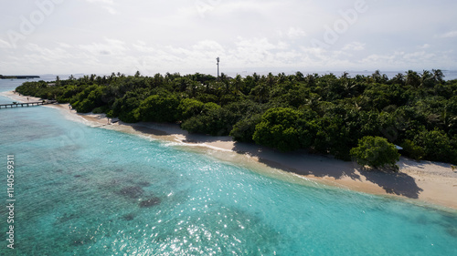 Obraz na płótnie Turquoise clear water and the green island of Maldives. Top view of the ocean and the reef. Palm trees grow on the island. There are bungalows and villas. White sand on the beach. Fish are visible w salonie