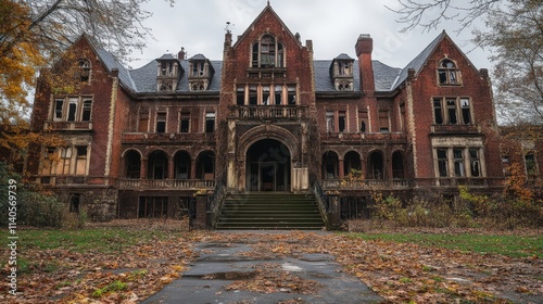 Derelict Brick Mansion Autumnal Overgrowth Decay photo