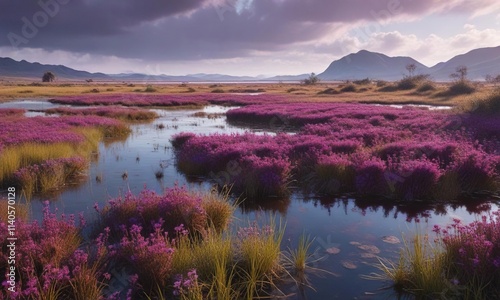 Dense colony of purple marshlocks in a marshy wetland, Wildflowers, Botany, Nature photo