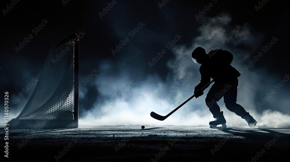 Fototapeta premium Silhouette of a hockey player against a dark background, mist fog, extreme sport