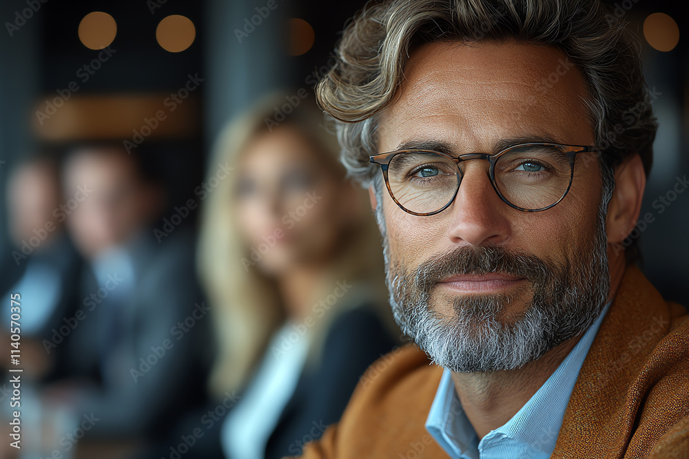 Professional man with glasses at meeting, focused and engaged, workplace setting.
