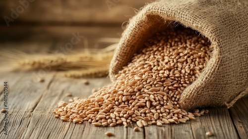 Freshly harvested wheat spilling from a burlap sack on a rustic wooden surface in a farm setting