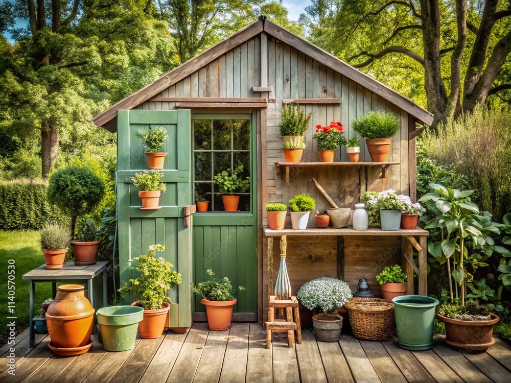 Obraz premium Minimalist Potting Shed Garden Photography: Peaceful Plants, Simple Tools, Shed Design