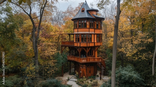 Majestic Wooden Tower House Amidst Autumnal Forest