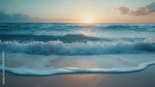 Coastal view with sandy beach and gentle waves at a sunny day